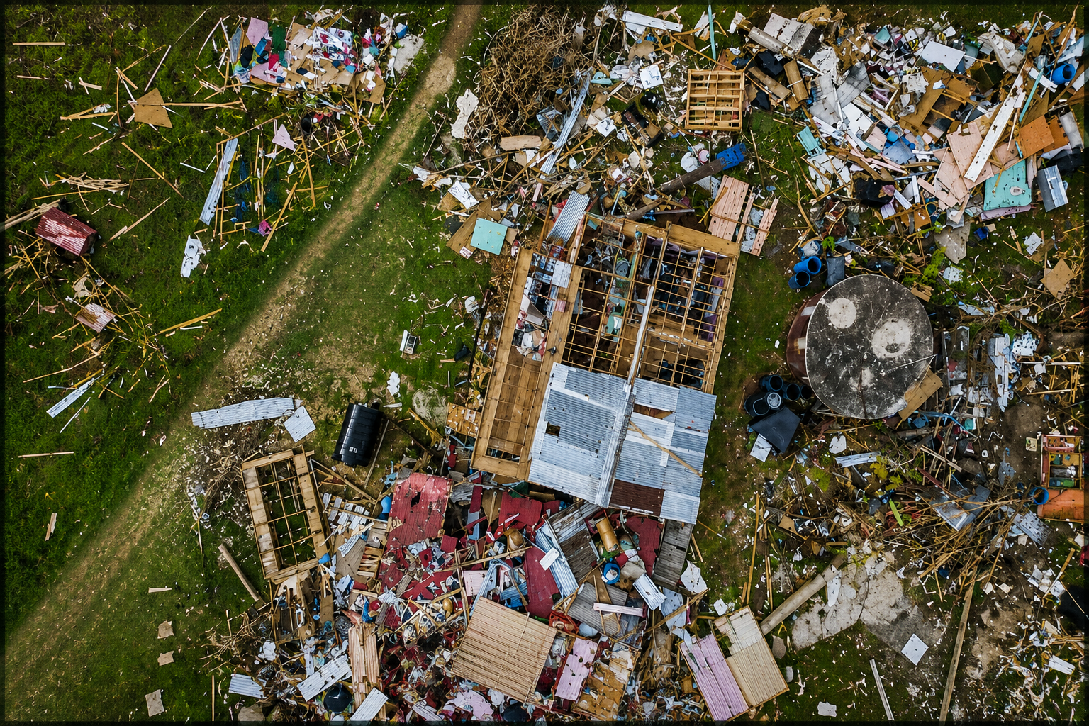 An aerial view captures the devastating aftermath of Hurricane Melissa in western Jamaica, where homes, roofing, and belongings lie scattered across the landscape. The image reflects the harsh reality facing many uninsured families after major storms, rebuilding not just property, but entire lives.