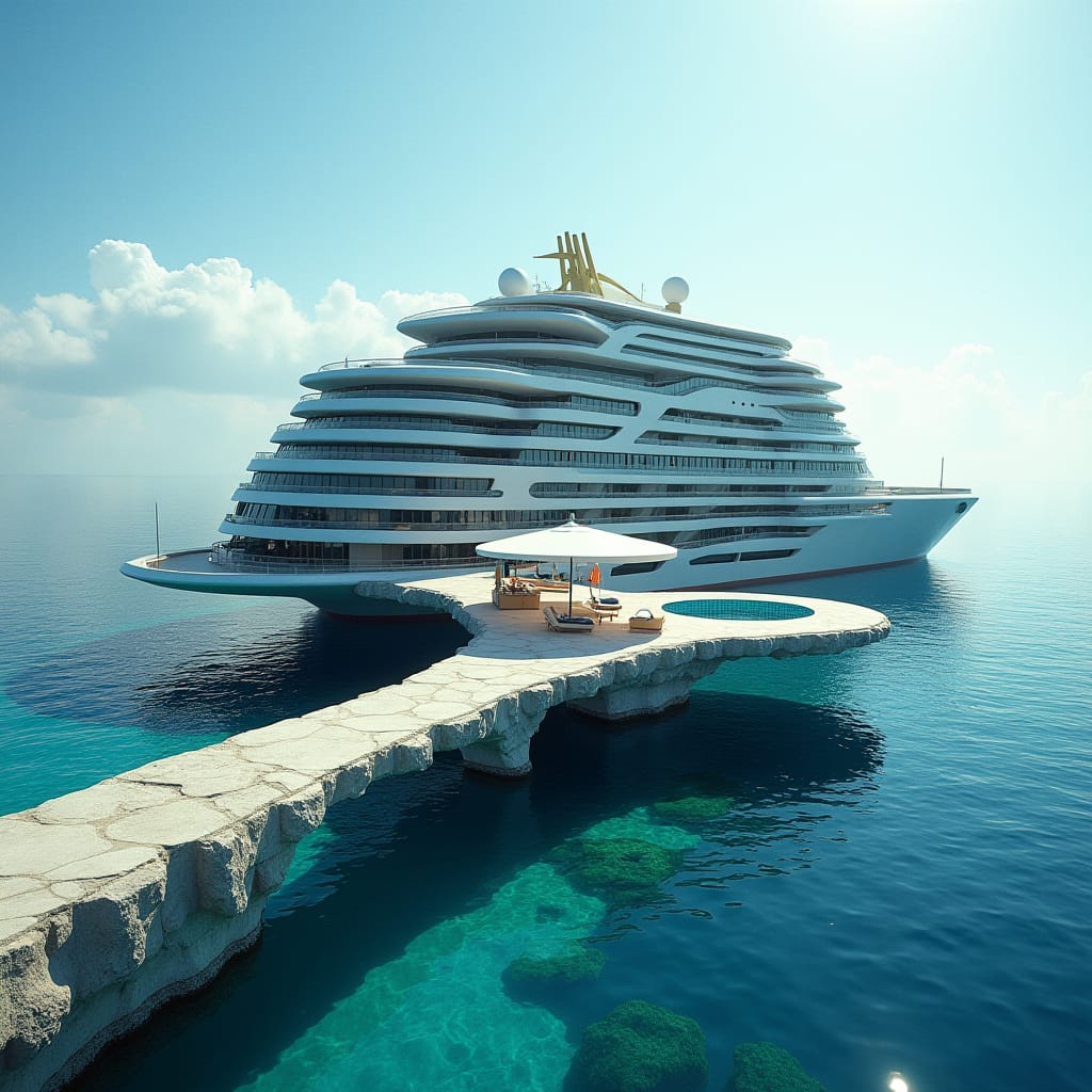 A sleek, floating modern 20-story hotel in the shape of a cruise ship as on jamaicas sea with a bridge across to land, its Protruding windows, multiple swimming suspending above ground and on the ground merging into sea. platforms create a dynamic, futuristic aesthetic, evoking a sense of tropical modernity