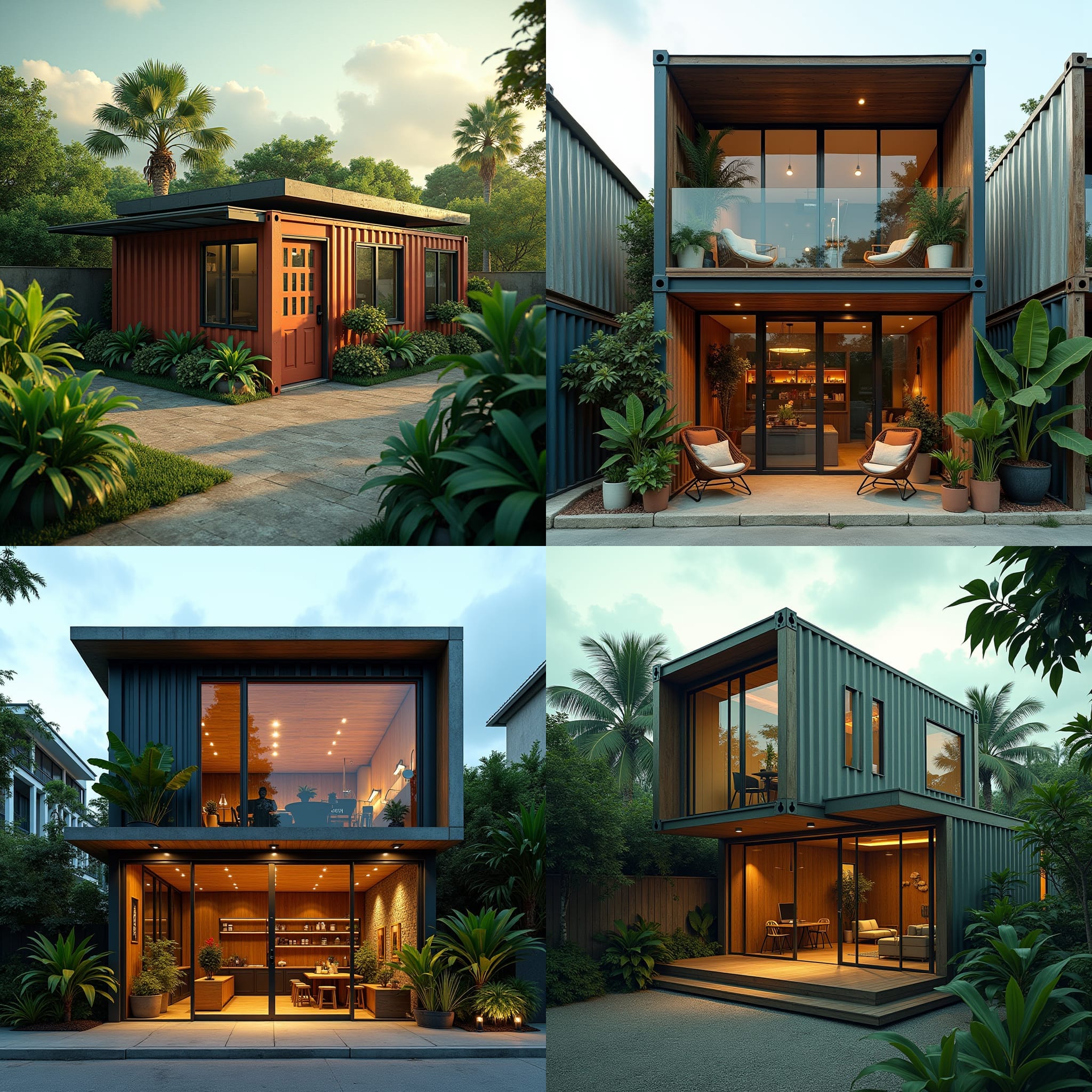 Modern shipping container architecture featuring compact tropical homes and mixed-use living spaces, blending steel construction, warm timber interiors, floor-to-ceiling glass, and lush landscaping in a contemporary setting.