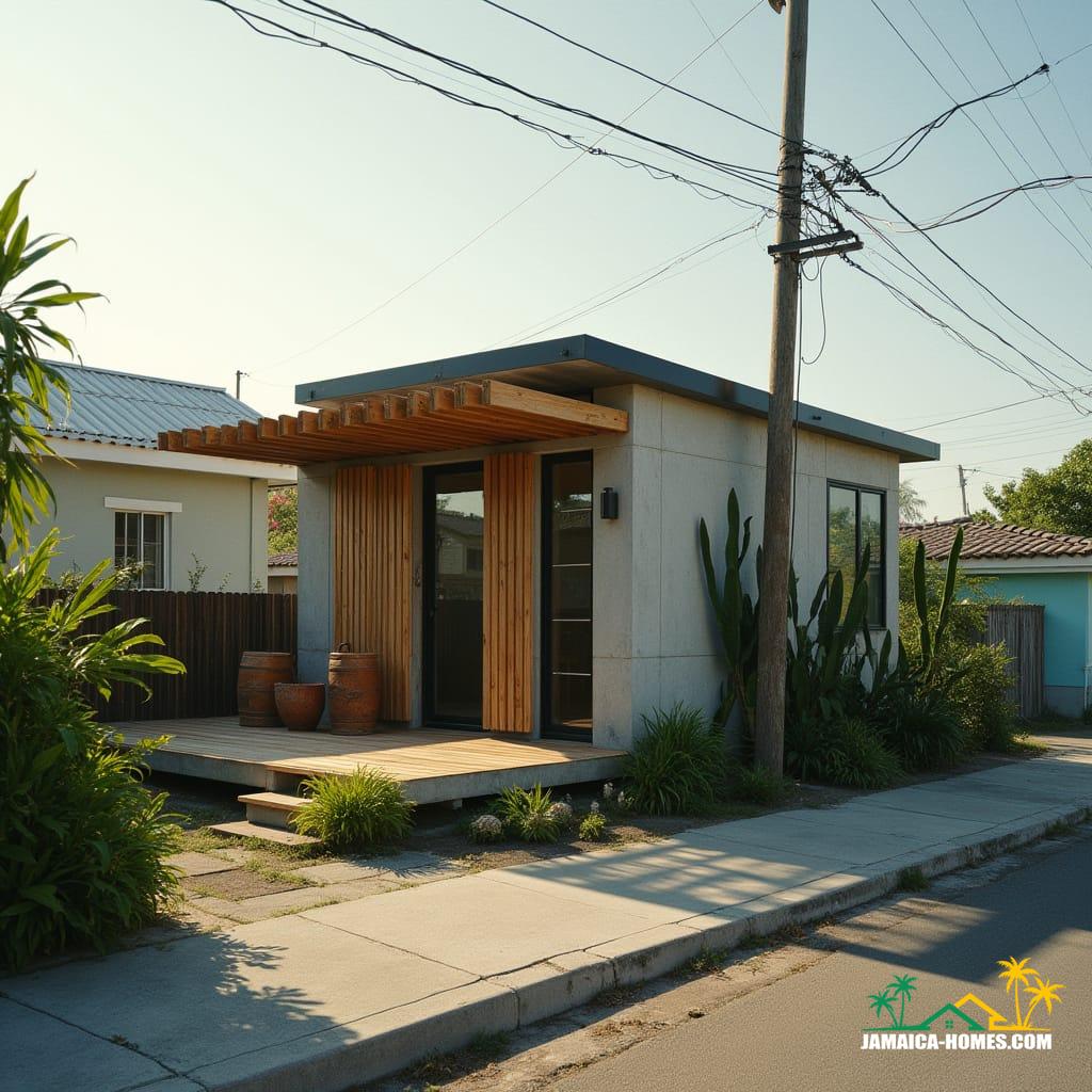 Kingston Minimalist Micro Home
Design: Single 20-ft module with front timber pergola and small patio.
Materials: Concrete, steel, glass, timber for outdoor area.
Features: Rainwater harvesting, solar panels, thin vertical windows, ventilated roof.
Environment: Small urban lot, paved streets, tropical sunlight.
Style Notes: Compact, ultra-modern, sustainable, cozy but stylish.