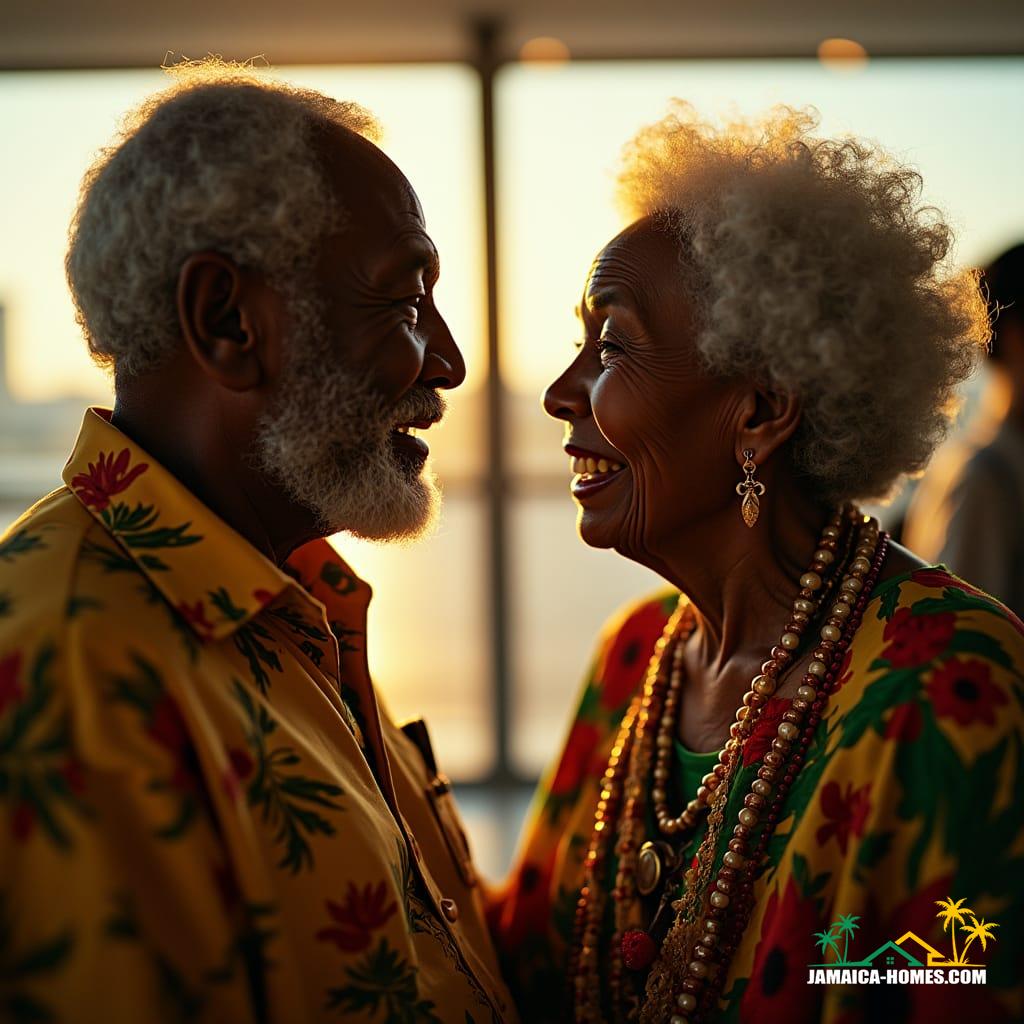 Warmly lit, cinematic close-up of a deeply wrinkled, yet radiant elderly Jamaican couple, clad in vibrant, traditional clothing, their faces etched with the wisdom of decades, as they share a tender, emotional moment at the airport, returning to their homeland for the first time in years. Soft, golden light spills across their weathered skin, accentuating the deep lines and creases, as they gaze lovingly into each other's eyes. The atmosphere is thick with nostalgia and anticipation, captured in exquisite detail, as if shot on 35mm film with a v-raptor XL camera, with subtle film grain, a gentle vignette, and meticulous color grading, evoking the aesthetic of a masterfully crafted, live-action film still, reminiscent of the works of Roger Deakins, Emmanuel Lubezki