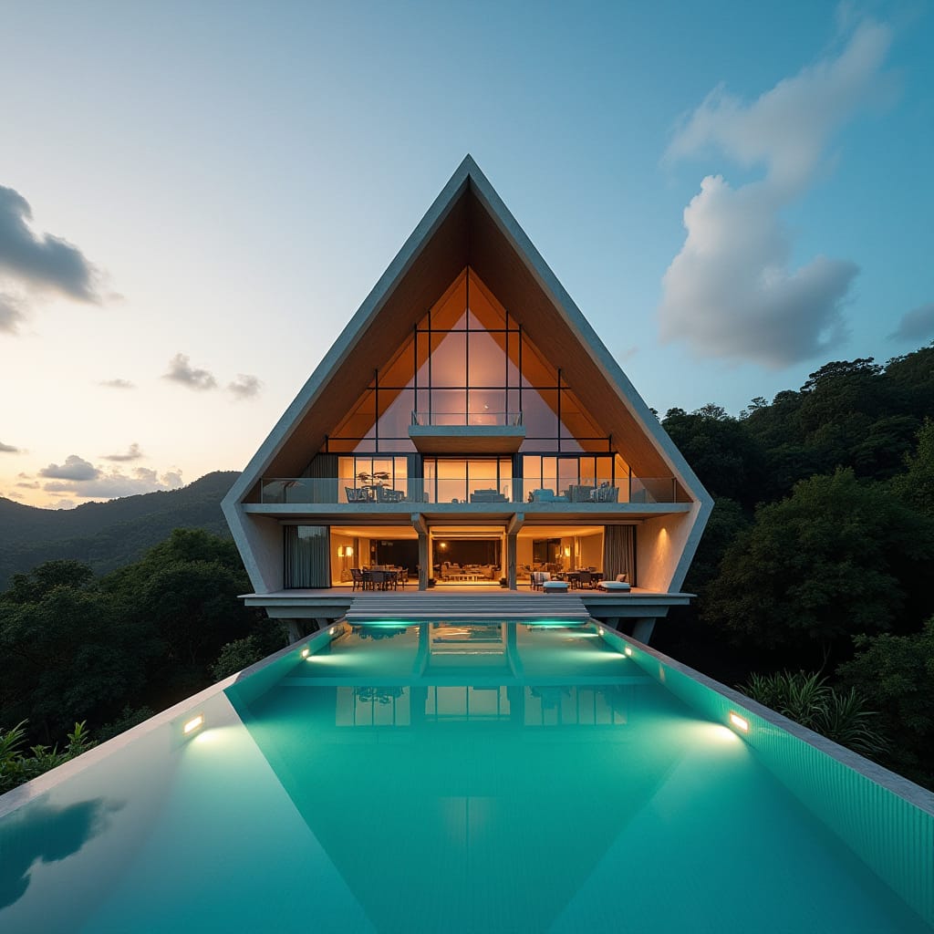 Grand, modern Jamaican mansion with angular, triangular architecture, towering above lush surroundings, featuring expansive, floor-to-ceiling windows and sliding glass doors, seamlessly blending indoor and outdoor spaces. Two sleek, infinity-edge pools, one on each side, seem to stretch on forever, reflecting the vibrant hues of the Caribbean sky.