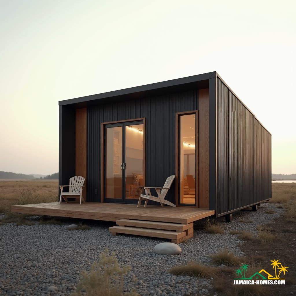  A modern, rectangular tiny home with a sleek, minimalist design, clad in dark, vertical metal siding contrasted by warm wooden accents around the main entrance. Large glass doors and a tall, narrow vertical window are featured on the front. A wooden deck with steps leads to a gravel path lined with rounded stones. Two modern Adirondack chairs and a small table are on the deck, facing outward. The setting is a vast, open landscape under a soft, diffused sky, with delicate natural light suggesting dawn or dusk. The aesthetic evokes serene, contemporary living integrated with nature. Cinematic film still, shot on v-raptor XL, film grain, vignette, color graded, post-processed, warm cinematic lighting, 35mm film, live-action, best quality, atmospheric, a masterpiece, epic, stunning, dramatic.