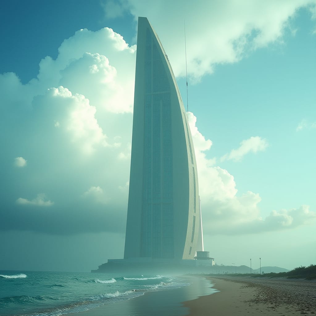 Massive, modern cloud-piercing tower building on beach in jamaica