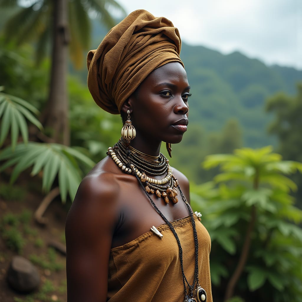 Nanny of the Maroons, a powerful, dignified Black woman with medium-dark skin, stands strong, her traditional Jamaican headwrap intricately tied, adorned with cowry shells and other African-inspired accents, while layers of traditional African jewelry, featuring cowry shells, bone, and wood, adorn her neck, exuding an aura of wisdom, strength, and resilience. Her eyes, cast forward with unwavering determination, convey a deep understanding of her people's struggles and triumphs. Her simple, earth-toned clothing, a blend of brown, beige, and green, is indicative of her connection to the natural world and her leadership among the Maroons. The background, a lush blend of Jamaican mountains and forests, with ferns, vines, and trees, transports the viewer to the hidden villages of the Maroons, where Nanny led her people to freedom. Shot on a v-raptor XL, with a 35mm film aesthetic, the image features cinematic lighting, with warm, golden tones, and a subtle film grain, adding depth and texture to the image. A vignette and post-processing techniques enhance the dramatic effect, creating a masterpiece that is both epic and stunning, a true celebration of Nanny's legacy. Inspired by the works of Gordon Parks, Carrie Mae Weems, and Kehinde Wiley, this image blends cinematic realism with a deep understanding of African diasporic culture and history.