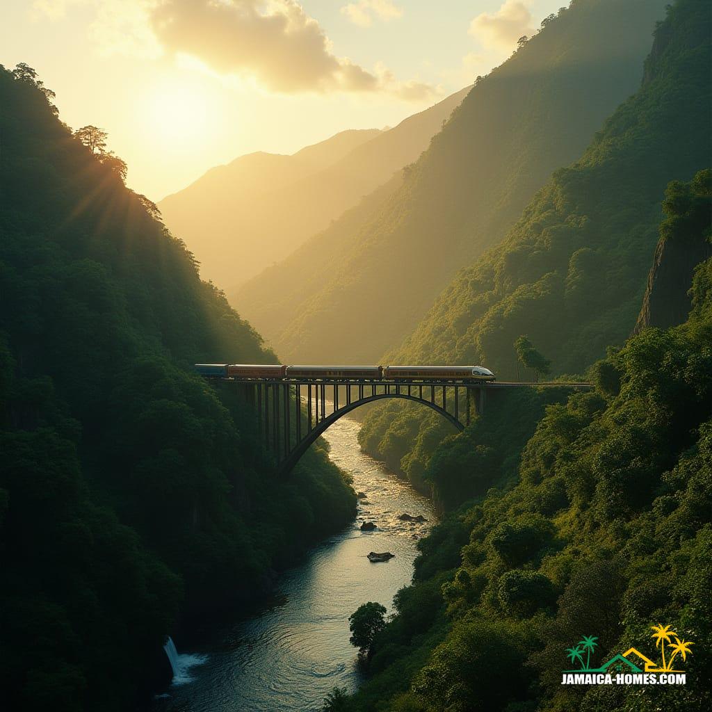  Cinematic film still, shot on v-raptor XL with 35mm film grain, of Jamaica's lush mountain range at golden hour. Dramatic sunlight illuminates the mountainsides, casting long shadows and reflecting brilliantly off winding rivers below. Small, arched bridges and cascading waterfalls dot the verdant landscape as a vintage train emerges from a dark tunnel, leaving a trail of cinematic haze that enhances the sense of depth and adventure. Color graded, post-processed, cinematic lighting, live-action, best quality, atmospheric, masterpiece, epic, stunning, dramatic.