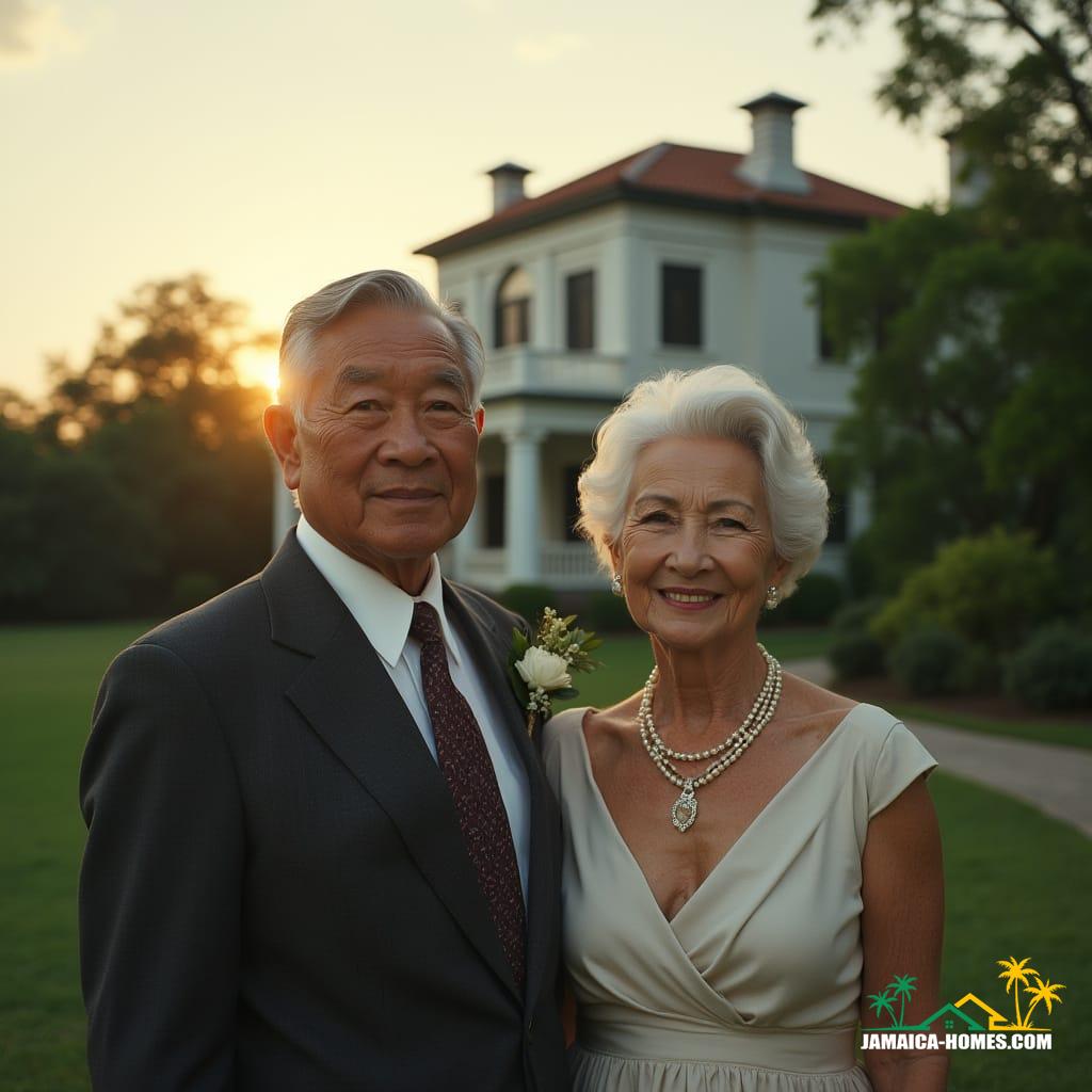 A distinguished, elderly couple, he of mixed Black and Chinese heritage, with dignified features and salt-and-pepper hair, impeccably dressed in a tailored suit, stands alongside his elegant, white companion, her silver hair styled with poise, wearing a light-hued, sophisticated dress, exuding refinement and warmth. Together, they stand before the grand, Kingston, Jamaican estate they've decided to leave behind, seeking a quieter life by the coast. Soft, golden light of a serene sunset casts a warm glow on their faces, amidst the lush, vibrant greenery of their stately grounds. Inspired by the works of Gordon Parks, Steve McCurry, and Albert Watson, with a cinematic aesthetic reminiscent of classic 35mm film, this shot evokes a sense of nostalgic grandeur, with subtle film grain, a gentle vignette, and masterful color grading, capturing the essence of a bygone era.
