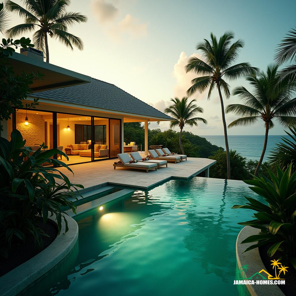 A luxurious modern cottage in Jamaica, Caribbean, surrounded by lush tropical gardens and featuring a sparkling infinity pool that seamlessly blends into the turquoise ocean, with a second pool nestled among the palm trees.
