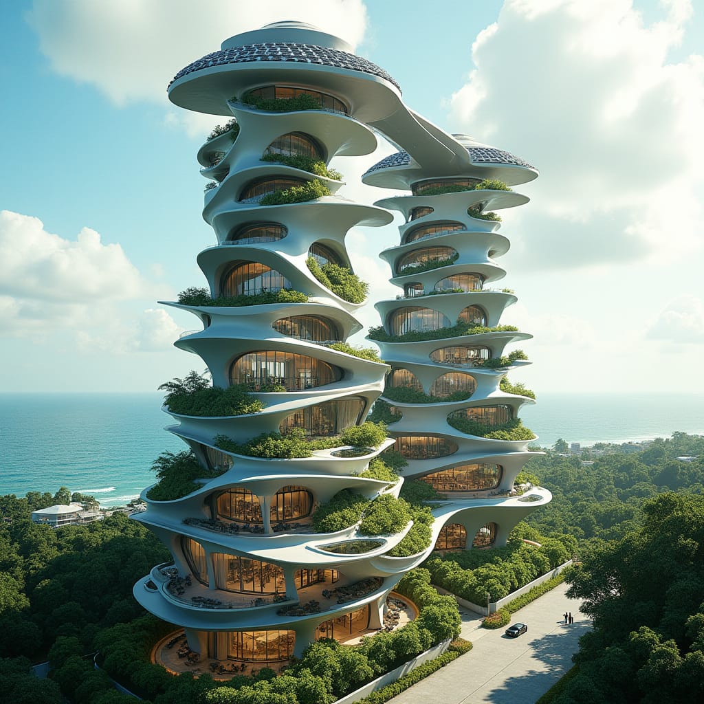 A futuristic commercial building in Jamaica with sleek, flowing lines and bold architectural shapes. Imagine a towering, multi-story structure crafted from reflective glass and steel, curving organically to blend seamlessly with the surrounding landscape. Solar panels line the roof, reflecting the Caribbean sunlight while powering the building. Lush vertical gardens climb its walls, and sky bridges connect the towers at various levels, creating an airy, open feel. Shops and restaurants fill the lower floors, while rooftop terraces offer panoramic views of Jamaica's coastline. The structure embodies sustainability, innovation, and the tropical essence of Jamaica.