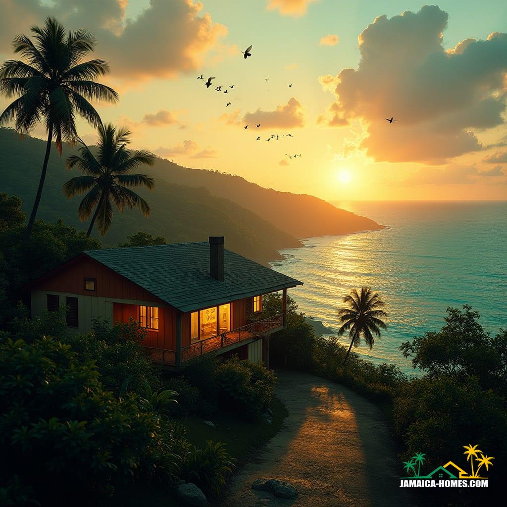 A Jamaican hillside community at sunset, overlooking turquoise Caribbean Sea, with traditional modern house in foreground, "For Sale" sign glowing faintly, half vibrant, half disrepair, surrounded by lush mango trees, tropical foliage, and birds forming upward arrow, in cinematic film style, reminiscent of Terrence Malick, Wong Kar-wai, and Denis Villeneuve, with warm golden light, long dramatic shadows, film grain, and vignette.