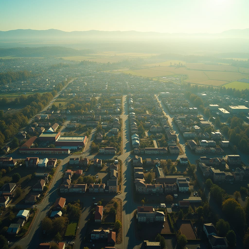 A sprawling, diverse community with a mix of residential homes, apartments, and condos, alongside bustling commercial buildings, industrial warehouses, and rolling agricultural fields, all set against a breathtaking panoramic backdrop. 
