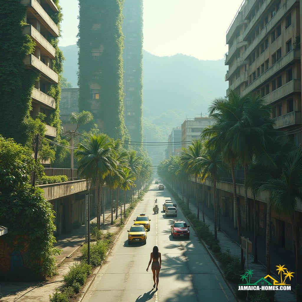 Downtown Kingston's sleek skyscrapers, wrapped in lush greenery and cascading waterfalls, surrounded by Jamaican vendors in sky-level public plazas, reggae murals on lower levels, amidst modern elevated roads, with tropical mountain backdrop, in a cinematic film still, inspired by the styles of Syd Mead, Ash Thorp, and Simon Stalenhag, with film grain, vignette, and color grading, evoking a sense of epic, atmospheric, and dramatic, 35mm film quality.