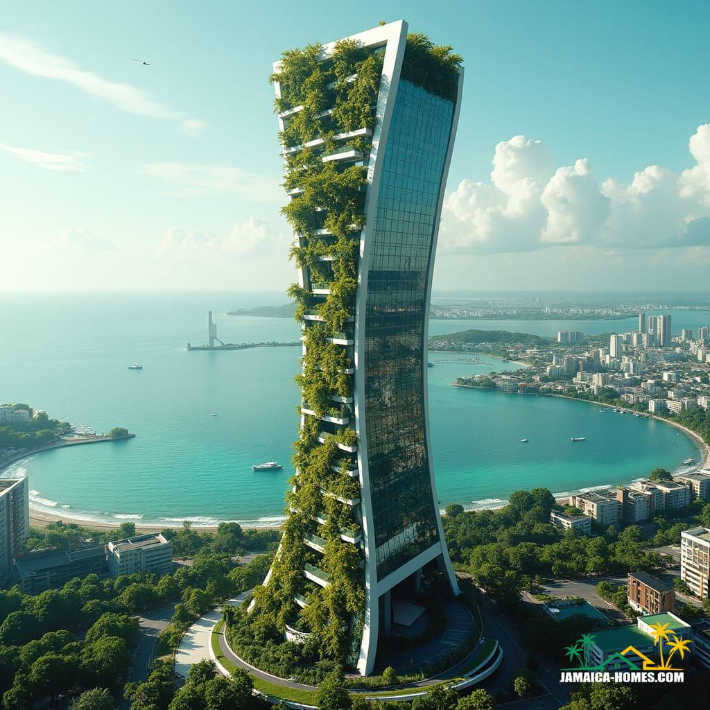 iconic skyscraper for downtown Kingston, Jamaica, that combines sleek, futuristic design with Jamaican cultural motifs.