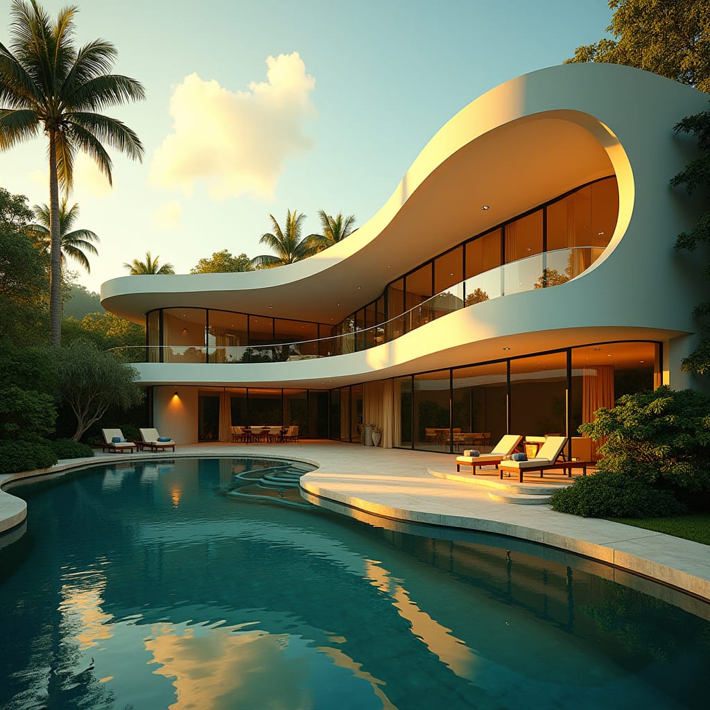 A majestic modern Jamaican mansion with undulating curves and generous rounded openings, bathing in warm, golden light
