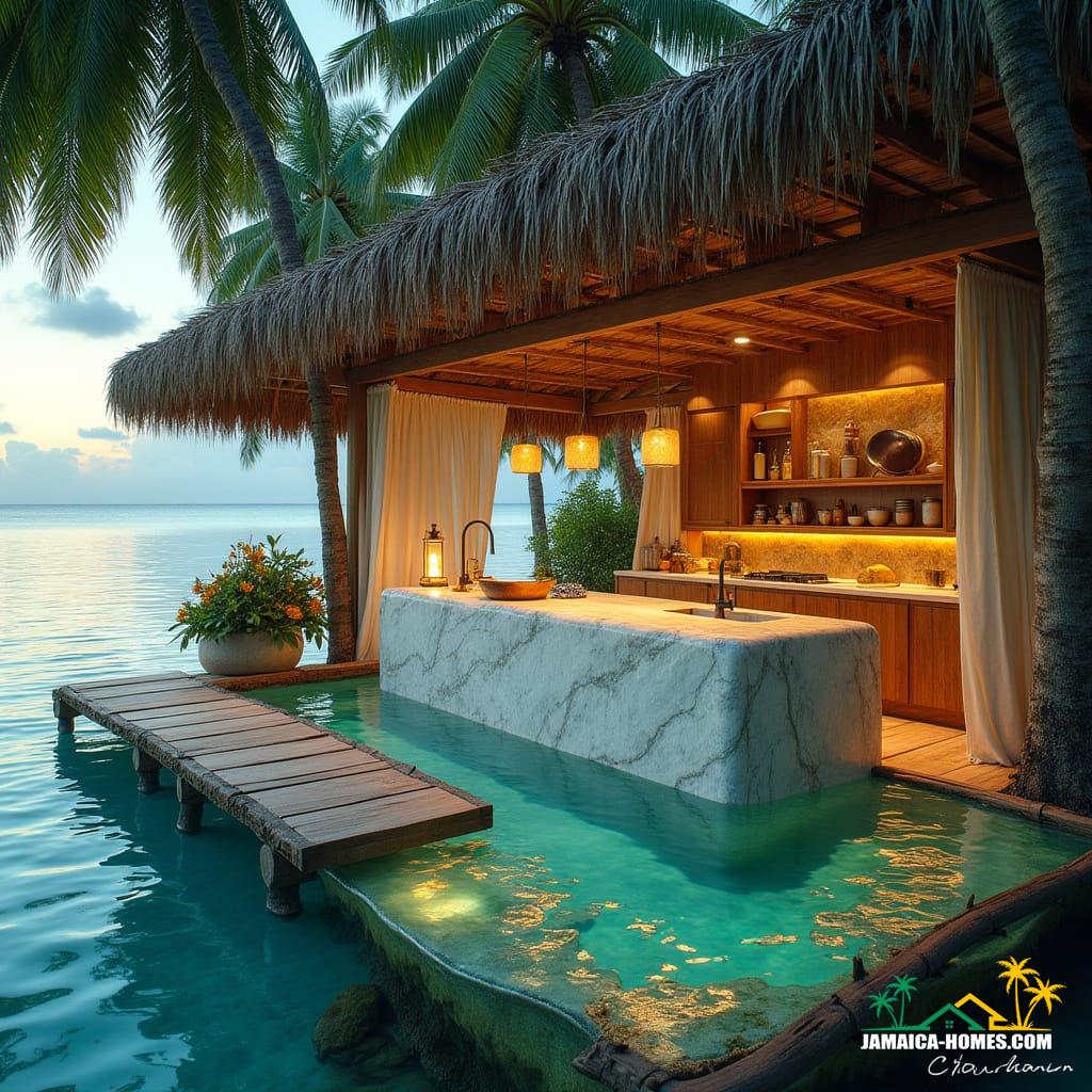 A serene, driftwood-hewn floating kitchen, anchored in the crystalline turquoise waters of Ocho Rios