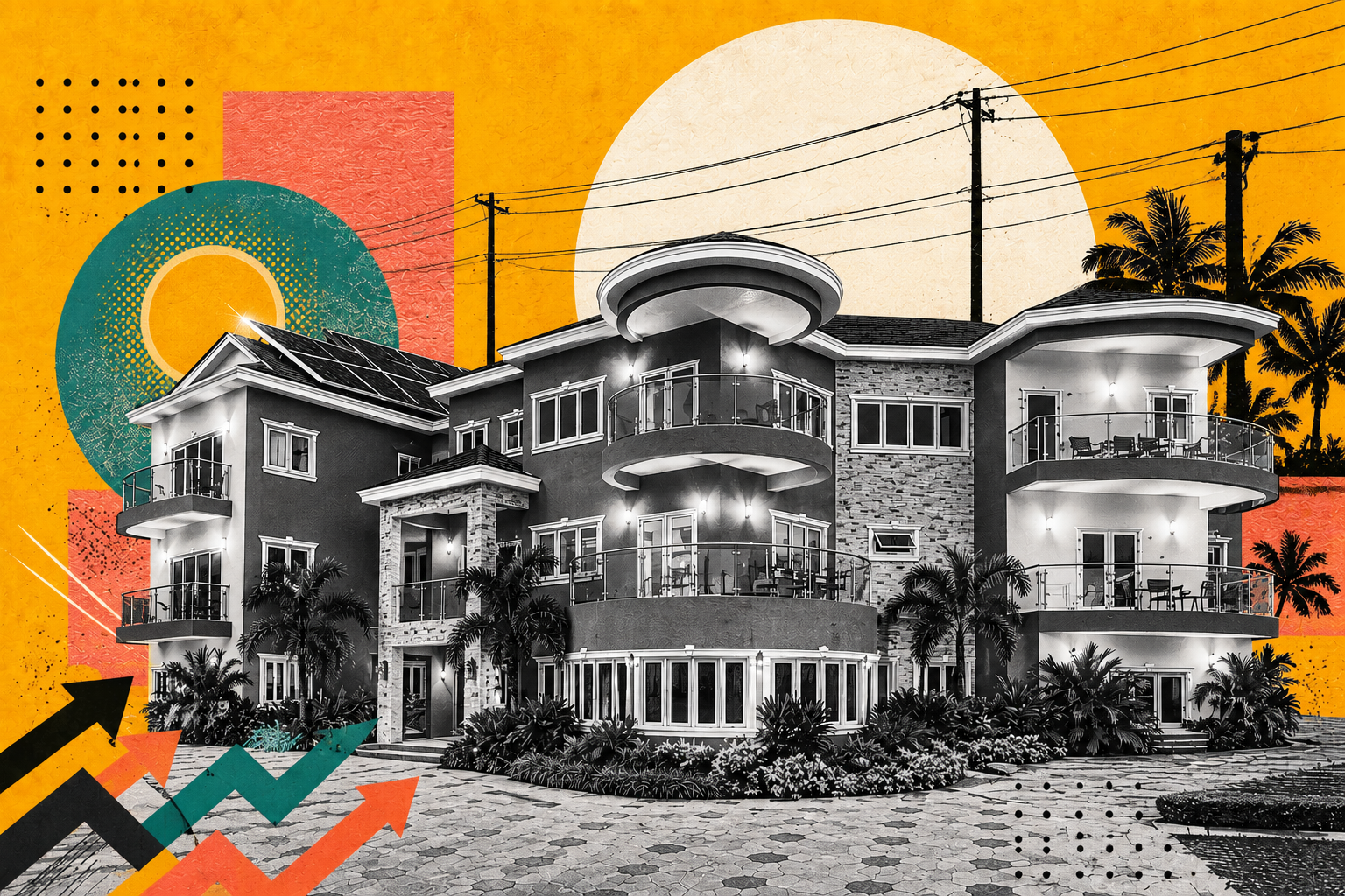 A bold editorial illustration showing a luxury Jamaican home reimagined through the Jamaica Homes visual style. Surrounded by energy infrastructure, solar motifs, and upward-trending graphics, the image explores the connection between property, sustainability, and the future of energy in Jamaica.
