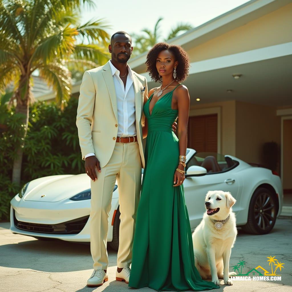 A 50-year-old mixed-race property tycoon in Jamaica, dressed in a tailored, pastel-hued linen suit, crisp white shirt, and a silver-toned designer watch, standing confidently in front of a sleek, modern millionaire mansion with a backdrop of lush, tropical greenery. His stunning dark-skinned supermodel wife, wearing a flowing, emerald green evening gown, designer heels, and dripping in elegant, gold jewelry, stands beside him, exuding poise and luxury. A high-end, pearl-white luxury car, with a subtle sheen, is parked next to the house, while a well-groomed, snow-white dog with a sparkling diamond collar, sits regally nearby. The scene captures an aura of wealth, success, and Caribbean elegance, bathed in warm, golden light, reminiscent of a Gordon Parks photograph. Vibrant colors, à la Jean-Michel Basquiat's expressive palette, infused with a touch of пленэр, juxtaposing the opulence of the scene with the natural beauty of the Caribbean surroundings, vividly rendered in a cinematic film still, shot on v-raptor XL, with a subtle film grain, vignette, and expertly color graded, post-processed to evoke the feeling of a luxury lifestyle, in the vein of a masterful, 35mm film, live-action, cinematic experience.
