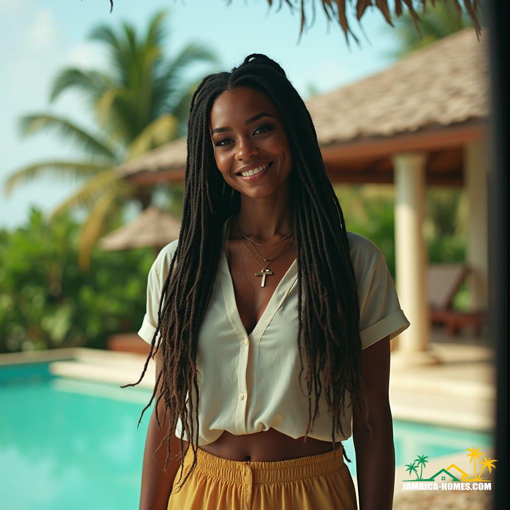 A beautiful Jamaican real estate agent, dressed in professional attire, stands as a top realtor. She is a white woman with dreadlocks, embodying the spirit of Rastafari, and is widely recognized as one of the leading agents in the industry.