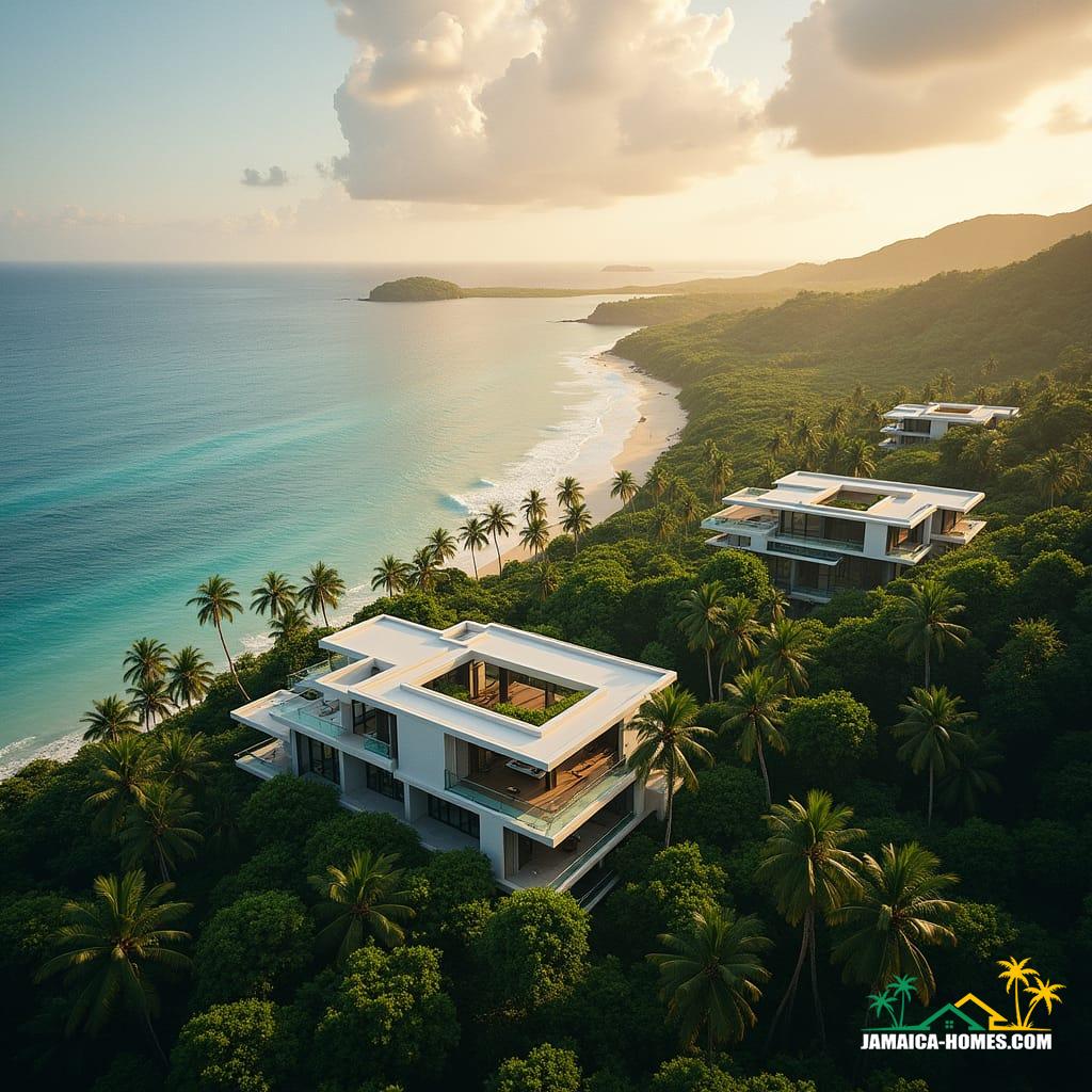 Majestic ocean-view residences and eco-resorts blend seamlessly into the lush green spaces of Montego Bay, Negril, and Seven Mile Beach, showcasing sustainable coastal developments that prioritize renewable energy and resilient infrastructure. Soft, warm light casts a cinematic glow on the modern architecture