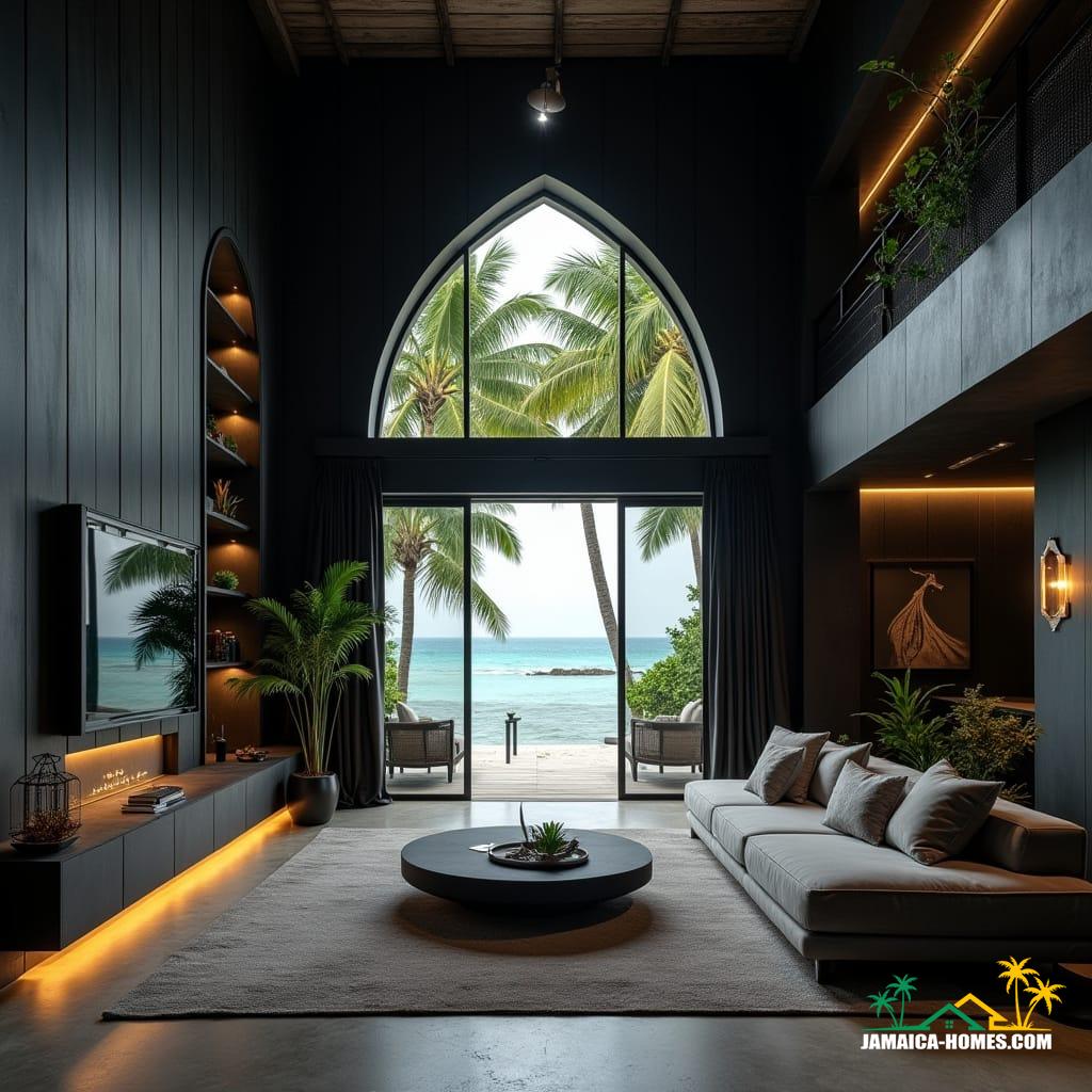 A luxurious modern Gothic-inspired interior in a Caribbean cottage