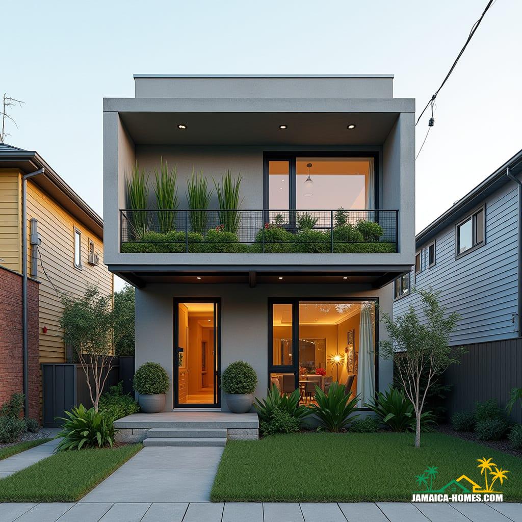 Compact Urban Modern Home Design: Single 20-ft concrete module with overlapping steel porch, urban small-lot optimized. Materials: Concrete, steel, glass, wood accents.