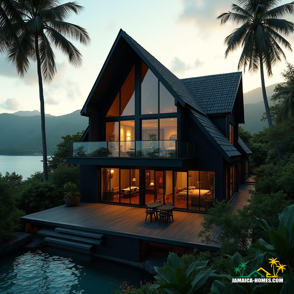 A striking black Gothic-style cottage blends historic charm with modern elegance in Jamaica. Pointed arch windows with slim black steel frames, a steep pitched roof with matte black shingles, and textured dark stone accents create a dramatic façade, contrasted by lush tropical palm trees. Modern minimalist touches like clean lines, open glass doors, and a sleek balcony with glass railings are present. A wraparound veranda combines Gothic wrought iron with polished wood. Warm interior lighting glows through the windows against a tropical evening sky, with a Caribbean backdrop of turquoise sea, golden sunlight, and misty mountains. Cinematic film still, shot on v-raptor XL, film grain, vignette, color graded, post-processed, cinematic lighting, 35mm film, live-action, best quality, atmospheric, masterpiece, epic, stunning, dramatic.