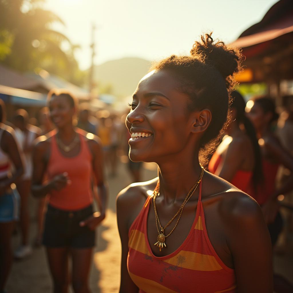 Vibrant Jamaican community, bustling with life, warmth, and culture, set amidst a sprawling vibrant market or outdoor gathering. The scene is bathed in a cinematic, warm golden light, with deep shadows and vivid colors. Shot on a 35mm film camera, the image features a shallow depth of field, causing the subject to be in sharp focus, while the background remains softly blurred. The atmosphere is thick with activity, as people of all ages mingle, their faces aglow with joy and warmth. The aesthetic is reminiscent of the work of renowned cinematographers, such as Emmanuel Lubezki, Rachel Morrison, and Bradford Young, with a hint of Gordon Parks' documentary style. The image is awash with a mix of earthy tones and bright colors, evoking the rich cultural heritage of Jamaica, with a subtle film grain, vignetting, and cinematically nuanced lighting that adds depth and texture to the scene.