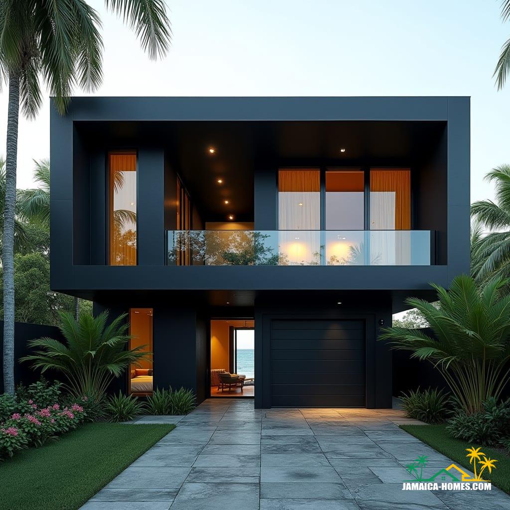 A striking modern black Caribbean cottage in Jamaica, nestled near the beach. The architecture features bold, square, solid lines, with cubic forms stacked in a contemporary Gothic-inspired style. Large, protruding window boxes are framed in matte black steel and concrete. Oversized square windows jut outward, offering views of the turquoise sea and lush tropical greenery. Warm golden interior lighting glows through the solid glass, contrasting with the deep black exterior. The landscape includes tropical palms, flowering plants, and a sleek stone driveway leading to a modern black gate. Cinematic film still, shot on v-raptor XL, film grain, vignette, color graded, post-processed, cinematic lighting, 35mm film, live-action, best quality, atmospheric, masterpiece, epic, stunning, dramatic.