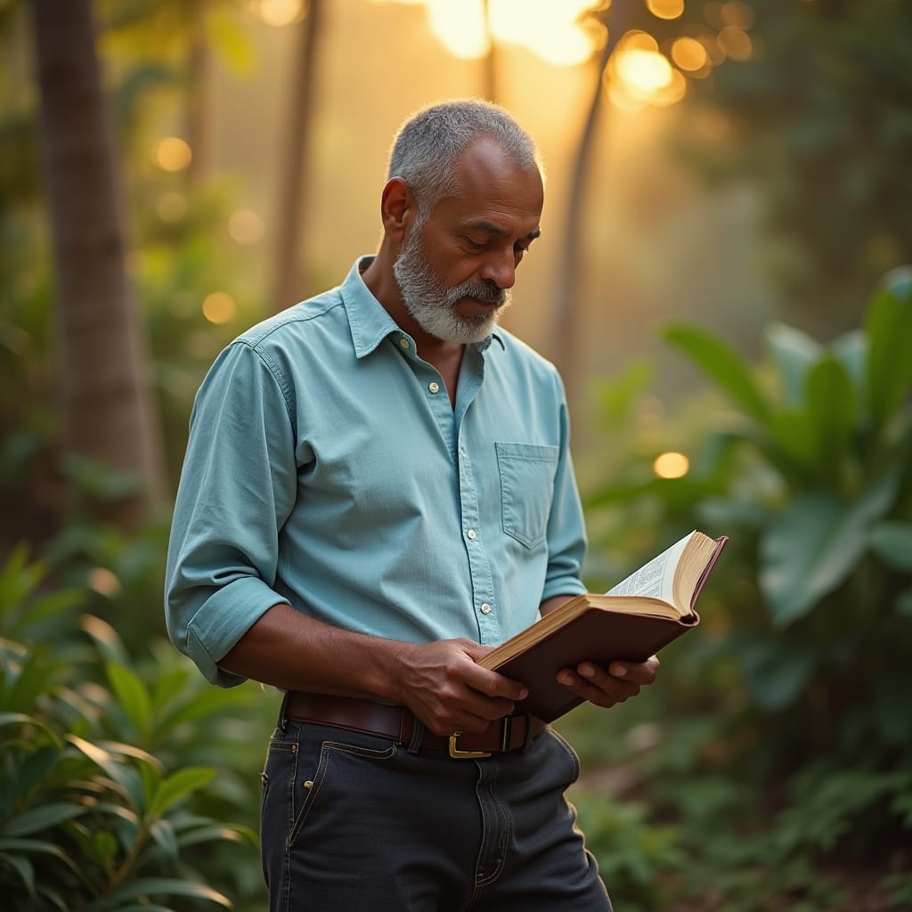 A Property Valuator, dressed in a crisp, light-blue Oxford shirt and dark-washed linen pants, stands amidst a lush Jamaican landscape, intensely studying a worn, leather-bound book. Warm, golden light casts a glow on their face, accentuating the lines of concentration, as the sounds of the Caribbean wilderness subtly fade into the background. The atmosphere is heavy with anticipation, as if the valuator is on the cusp of a groundbreaking discovery.