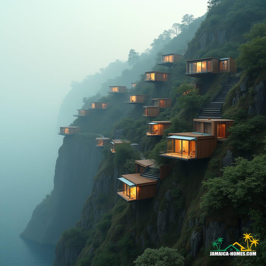 Cliffside cantilever pods on a terraced slope, each a self-contained unit with a small footprint, arranged for privacy and unobstructed views, connected by a winding path, with a communal deck and shared garden, equipped with solar power and rainwater harvesting, in a cinematic film still, shot on 35mm film with a v-raptor XL, featuring film grain, vignette, and dramatic cinematic lighting, color graded and post-processed for a stunning, atmospheric, and epic visual masterpiece.