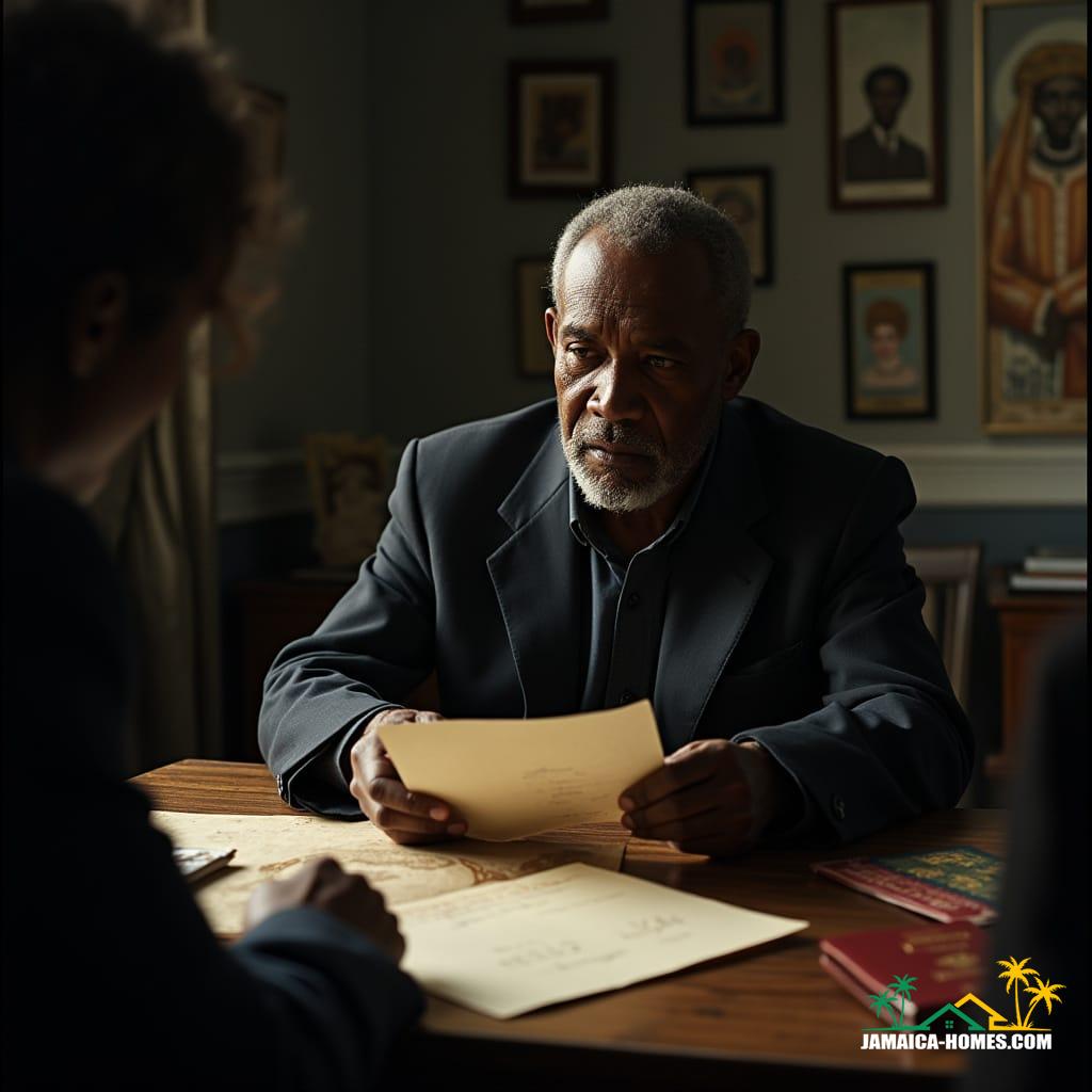  Cinematic film still, shot on v-raptor XL, 35mm film, featuring a poignant scene of an an elderly Black British man receiving a letter, with a worn passport on a table beside him. In the background, subtle hints of a commemorative stamp and a planned memorial stone are visible. The image conveys a sense of lingering bureaucracy and the slow pace of justice, contrasted with national recognition. Dramatic cinematic lighting casts long shadows, enhancing the atmospheric and emotional tone. Film grain, vignette, color graded, post-processed, live-action, best quality, atmospheric, a masterpiece, epic, stunning, dramatic.
