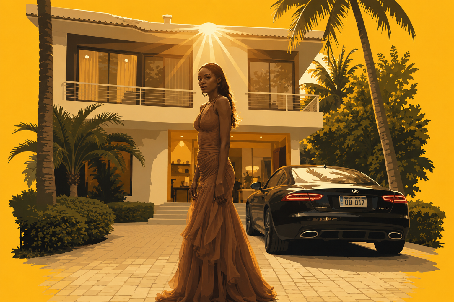 A stylised illustration depicts a woman standing outside a contemporary tropical villa at sunset, framed by swaying palms, warm golden light, and a luxury vehicle. The artwork uses Jamaica Homes' signature yellow-toned editorial style to evoke themes of aspiration, wealth, homeownership, and Caribbean luxury living.