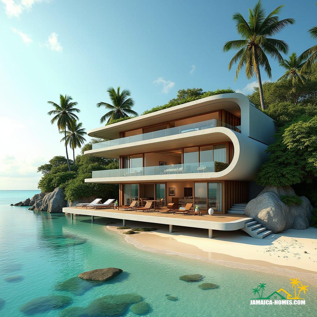 A luxurious and modern three-story beachfront home in Jamaica, blending contemporary architecture with tropical aesthetics.
