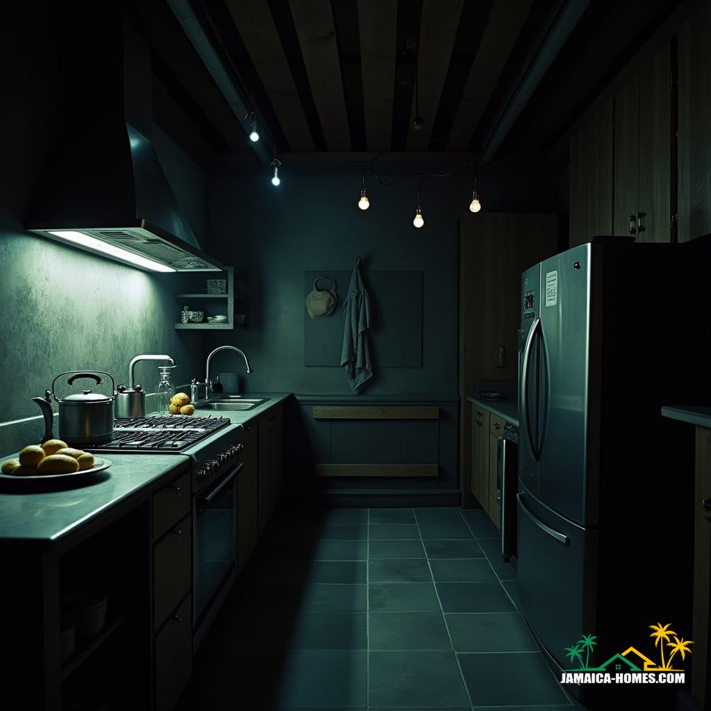 A luxurious modern kitchen in a high-end Jamaican villa, with a central island that doubles as a living display. The sleek countertop features a built-in sink with a futuristic touch faucet, while the entire surface and surrounding cabinetry are interactive, displaying high-resolution moving visuals of a tropical coral reef. The walls and floors have embedded LED panels, displaying animated scenes of the Caribbean sea, swaying palm trees, and sunsets. Soft ambient lighting enhances the immersive experience, making the entire kitchen feel like a living piece of art