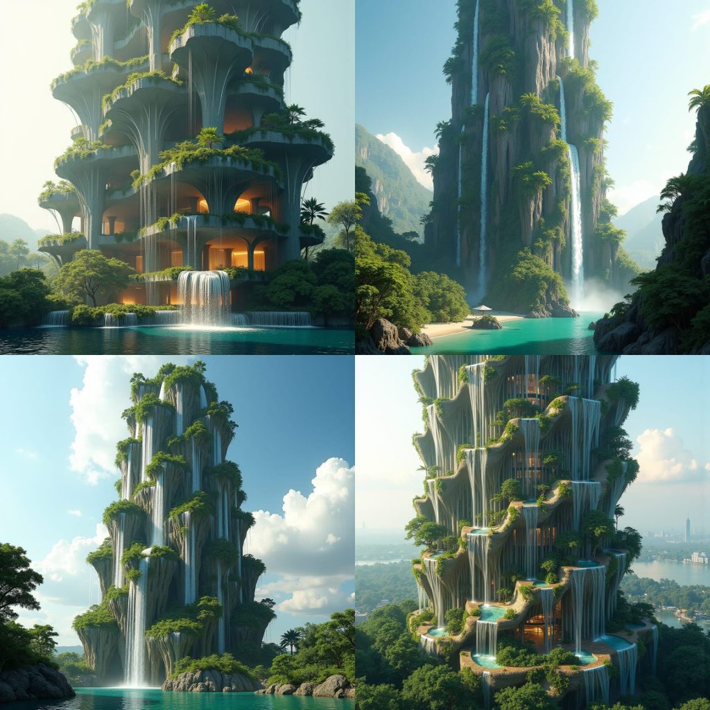 A skyscraper built to resemble a cascading waterfall, with each level jutting out slightly over the one below. The exterior of the building has water flowing down its sides, creating the illusion of a waterfall running down the entire structure. The water is recycled through a system that powers the building’s cooling system, while tropical gardens fill the terraces. Waterfall-inspired, sustainable, fluid design, tropical integration.