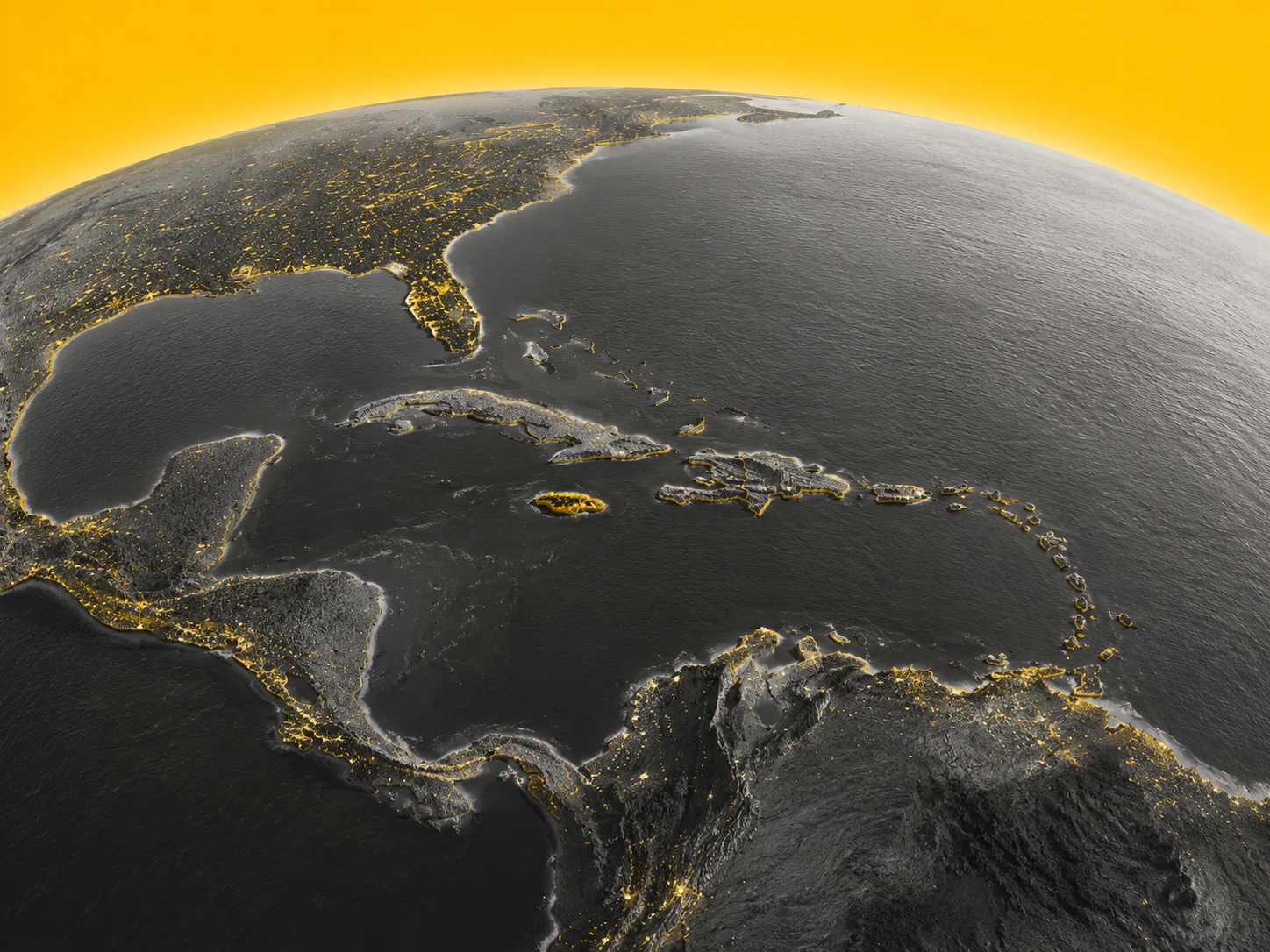 The artwork highlights the region's strategic position between North America, Central America and South America, symbolising the growing importance of Caribbean real estate, tourism, investment and diaspora connections in an increasingly global marketplace.