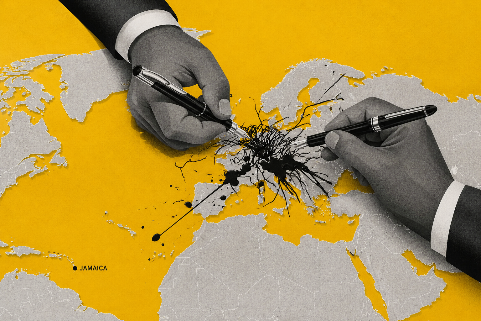 A striking editorial illustration showing two powerful hands in business suits aggressively drawing and splattering black ink across a map of Europe, symbolising geopolitical conflict, global power struggles, and international instability. The artwork uses a dramatic mustard yellow background with grayscale map tones to create a modern, high contrast visual style inspired by contemporary magazine covers and political commentary graphics. Expanded to include the western Atlantic and Caribbean region, the image subtly marks Jamaica on the left side of the composition, visually reinforcing how even distant global tensions can ripple across small island nations through inflation, trade disruption, migration, tourism, energy costs, and economic uncertainty.