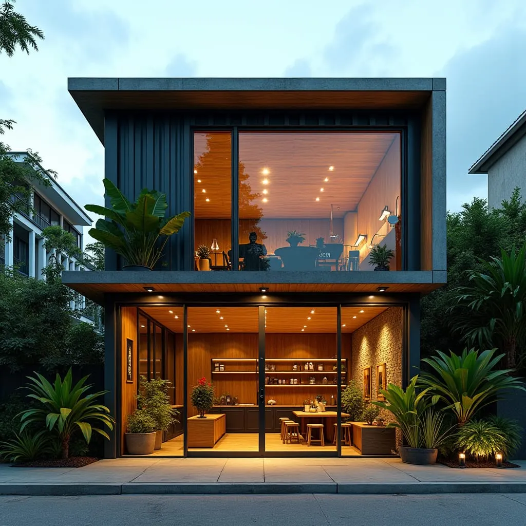 Generated architectural impression of a modern tropical two storey glass house with warm interior lighting and minimalist black exterior by Jamaica Homes.