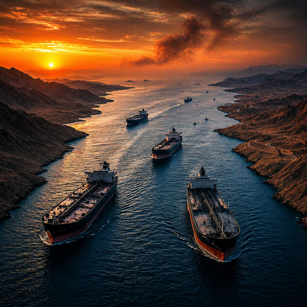 A fleet of oil tankers moves through a narrow, winding waterway at sunset, surrounded by rugged desert mountains. The sky burns with deep orange and gold tones, casting dramatic light across the dark blue sea. The scene feels tense and cinematic, highlighting the global importance of this critical shipping route.