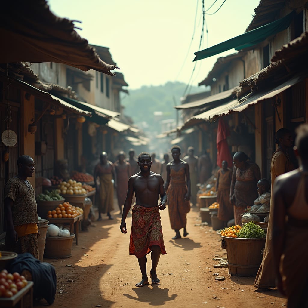 A thriving settlement of African merchants and traders in 18th century Kingston, Jamaica, 1703, as bustling market stalls and vibrant street life 