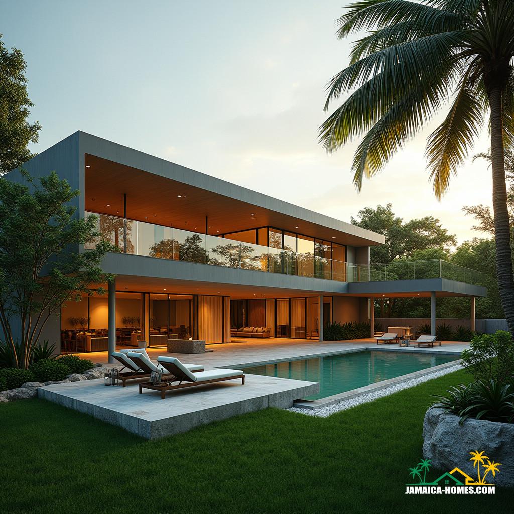 majestic, modern ranch home in Kingston, Jamaica, with a sleek, minimalist façade, set amidst lush, tropical gardens, featuring a crystal-clear swimming pool, a spacious stable for horses, and a breathtaking, modern barn conversion, all bathed in warm, golden light
