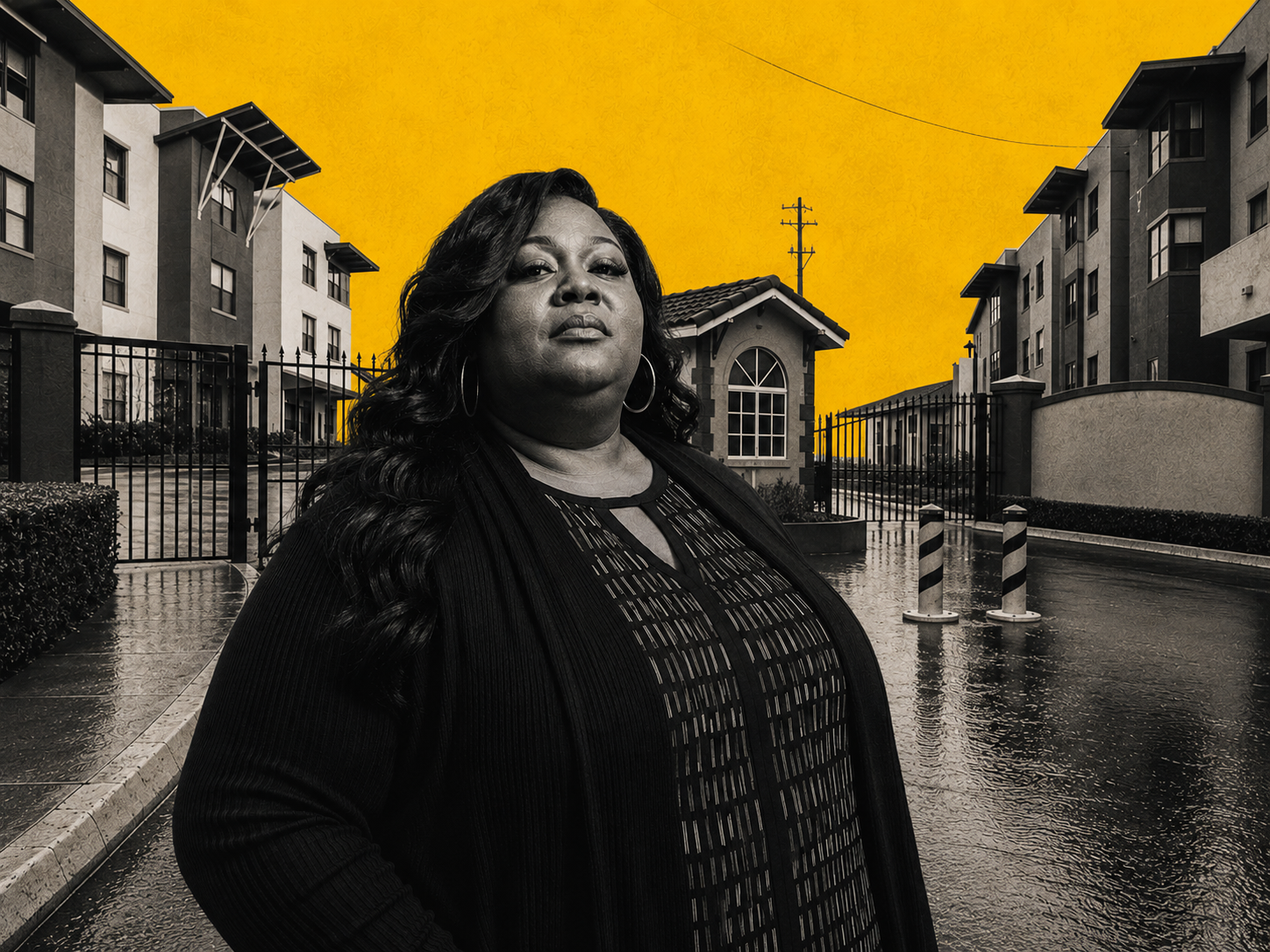 Illustration: A bold editorial-style image featuring a confident Black woman standing prominently before the entrance of a gated residential community.