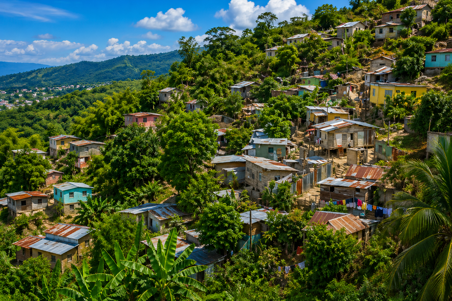 Enhanced landscape image of an informal hillside settlement, illustrating the density and unplanned nature of housing development. Image enhanced and reformatted for editorial use.