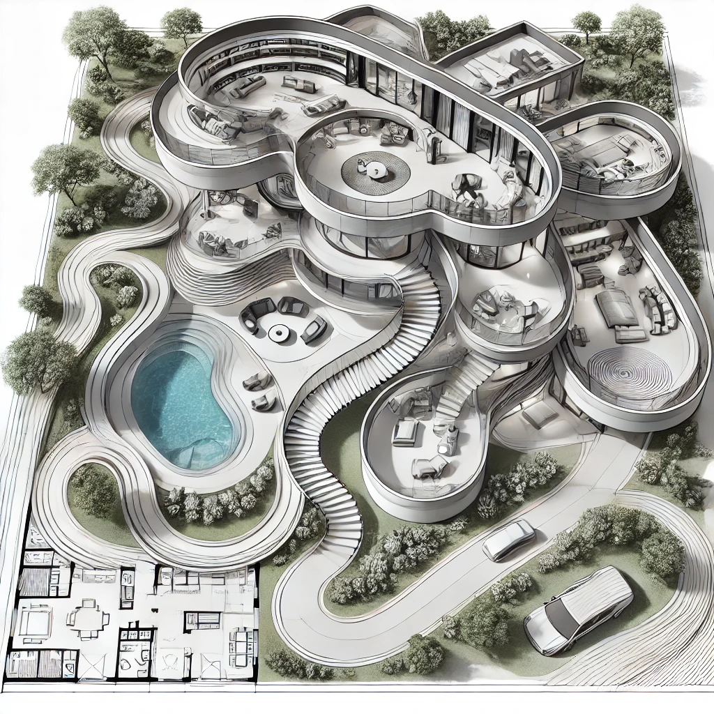 This futuristic house floor plan features a seamless blend of curved, organic architecture with modern luxury. The multi-level layout includes spacious open living areas, large glass walls for natural light, and a strong connection to nature. A central atrium, flowing staircases, and landscaped gardens enhance the fluid design, while an infinity pool adds to the luxurious outdoor experience. The house incorporates stylish bedrooms, cozy lounges, and sustainable elements like green roofs and natural materials, creating a harmonious balance between elegance and eco-conscious living.