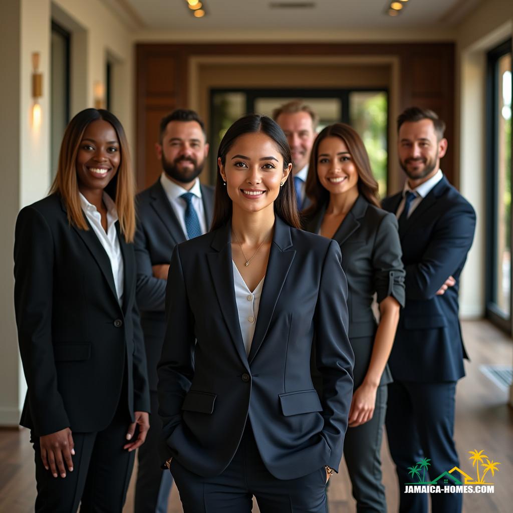 A diverse group of white, black, and Chinese real estate agents, dressed in professional attire, standing confidently in a spacious, modern room with a subtle Jamaican flair, proudly representing Jamaica's real estate market with integrity and respect. Inspired by the cinematic styles of Emmanuel Lubezki, Hoyte van Hoytema, and Rachel Morrison, with a blend of neoclassical and contemporary architecture, warm color tones, and a hint of tropical elegance. Shot on a virtual 35mm film, with a cinematic film grain, subtle vignette, and meticulous color grading, evoking the feeling of a live-action, high-end commercial. The lighting is dramatic, with deep shadows and soft, natural highlights, accentuating the agents' confident expressions and the room's sophisticated ambiance, creating a truly atmospheric and stunning image.