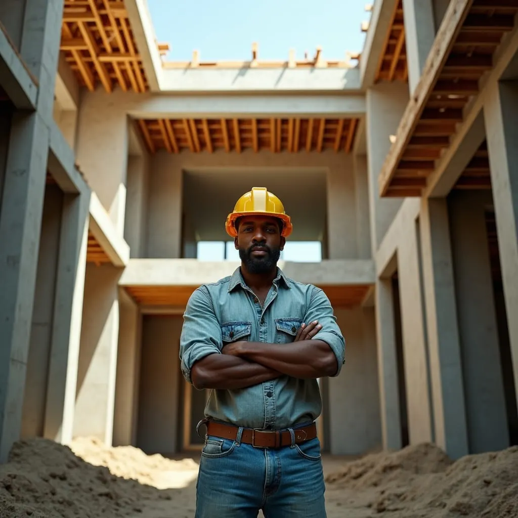 A construction professional stands confidently inside the unfinished shell of a modern concrete home, surrounded by exposed beams, raw structural framing, and natural light pouring through the open roofline. The image captures the ambition and uncertainty that often comes with building from the ground up, reflecting the realities of construction, investment, and homeownership in Jamaica’s evolving housing market.