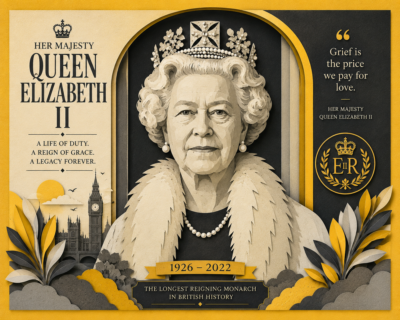 A striking yellow and grayscale tribute illustration reimagining Queen Elizabeth II through layered paper cut textures, blending royalty, history and modern editorial design. The piece captures both the weight of tradition and the quiet complexity of a monarch whose image shaped generations across Britain, Jamaica and the wider Commonwealth.