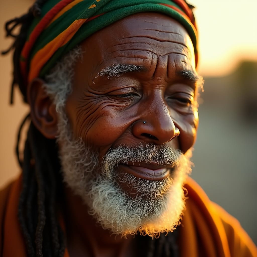 Elderly black Rastafarian woman, eyes closed, facial wrinkles and age lines accentuated, warm golden light illuminating her weathered skin, as if bathed in the gentle glow of a Caribbean sunset, shot in extreme close-up, filling the frame with her wise, aged face, with hints of a wispy white beard and hair tied back in a simple yet elegant dreadlocked crown, set against a shallow depth of field, softly blurring the edges, reminiscent of the cinematic works of Sofia Coppola and Barry Jenkins, with a subtle film grain texture