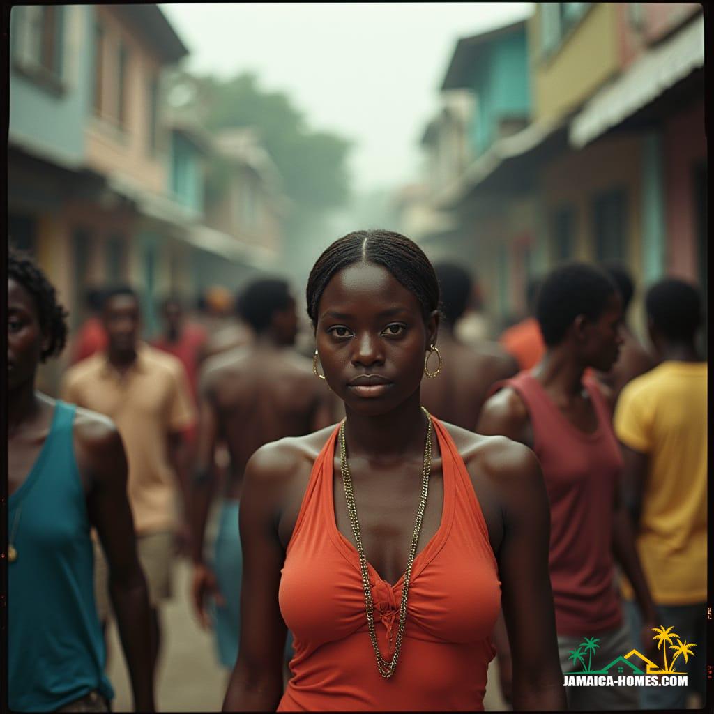  Cinematic film still of vibrant Jamaican people in a bustling street in Jamaica, shot on V-Raptor XL with characteristic film grain and a subtle vignette. The image emanates atmospheric, post-processed color grading and dramatic cinematic lighting, captured on 35mm film to achieve a stunning live-action, masterpiece quality.