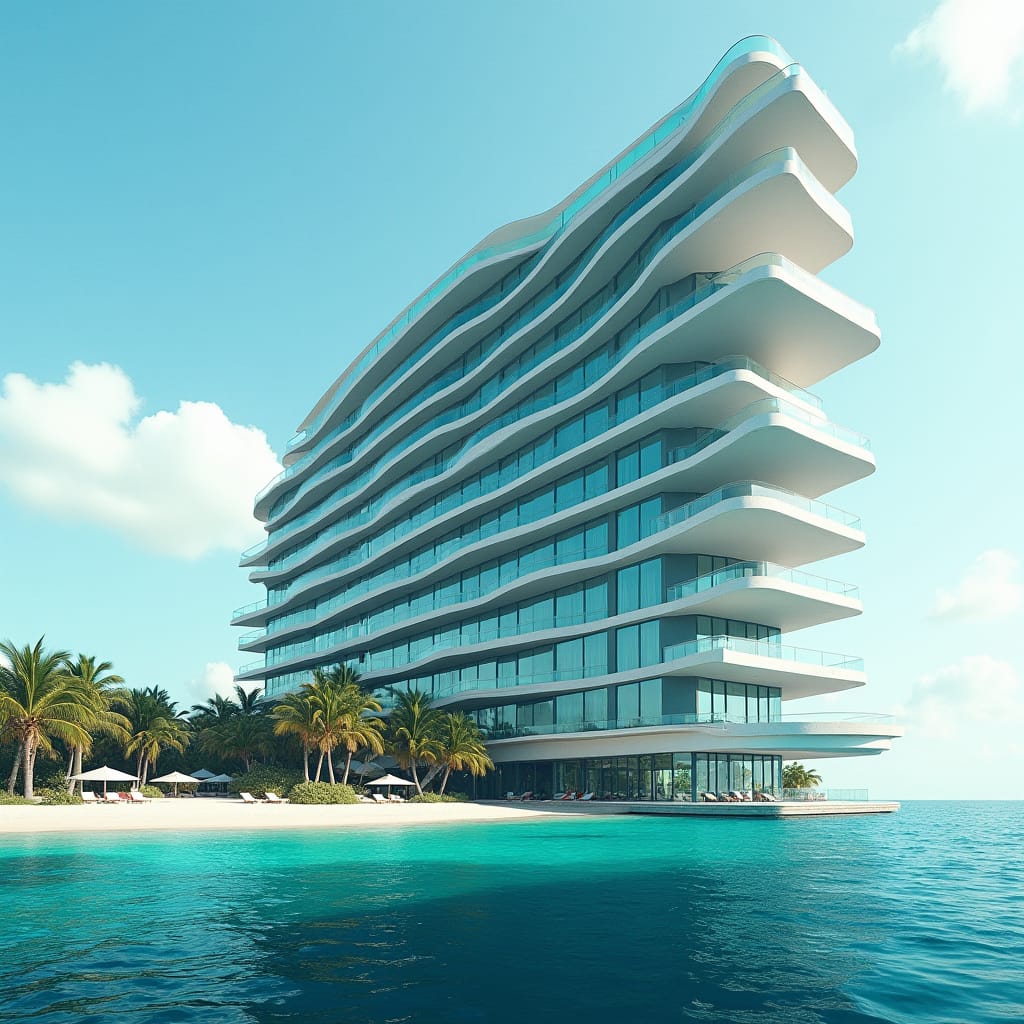  A sleek, modern 20-story glass hotel stands prominently on  Caribbean beechline, its  Protruding windows, multiple swimming suspending above ground and on the ground merging into sea.  platforms create a dynamic, futuristic aesthetic, evoking a sense of tropical modernity.  